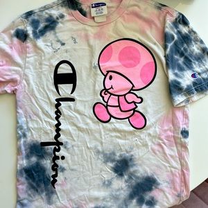 Lightly Worn Mario Bros Toad tie dye Champion tee
